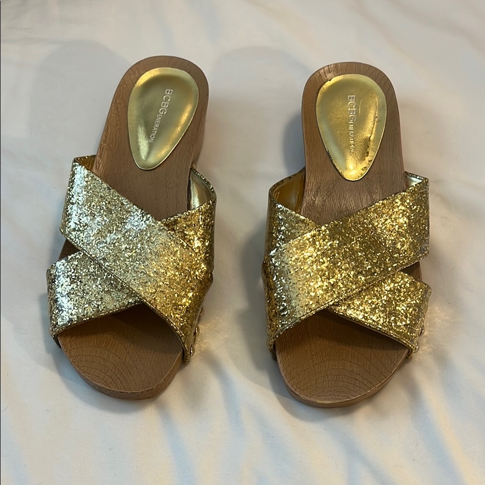BCBG Gold Glitter Mules with Criss-Cross Straps